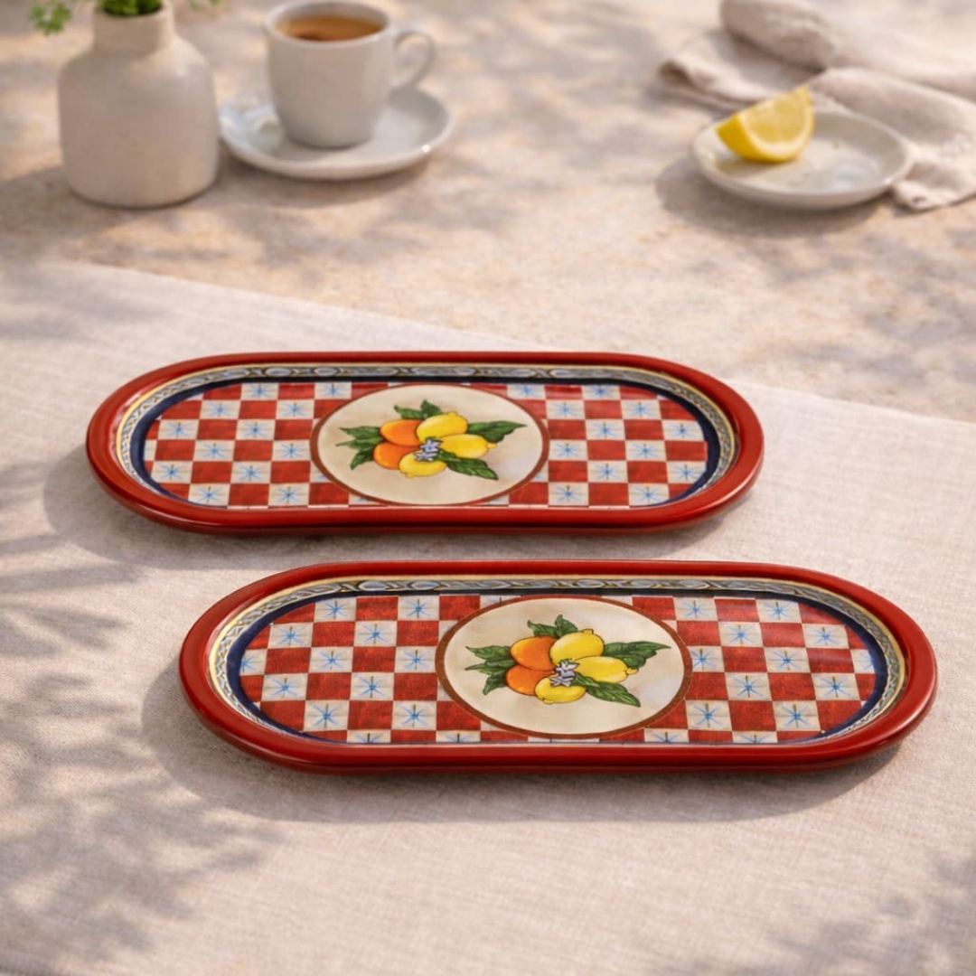 Sarkap Home 2'li Oval Sunumluk Tepsi Lemon Design Kırmızı
