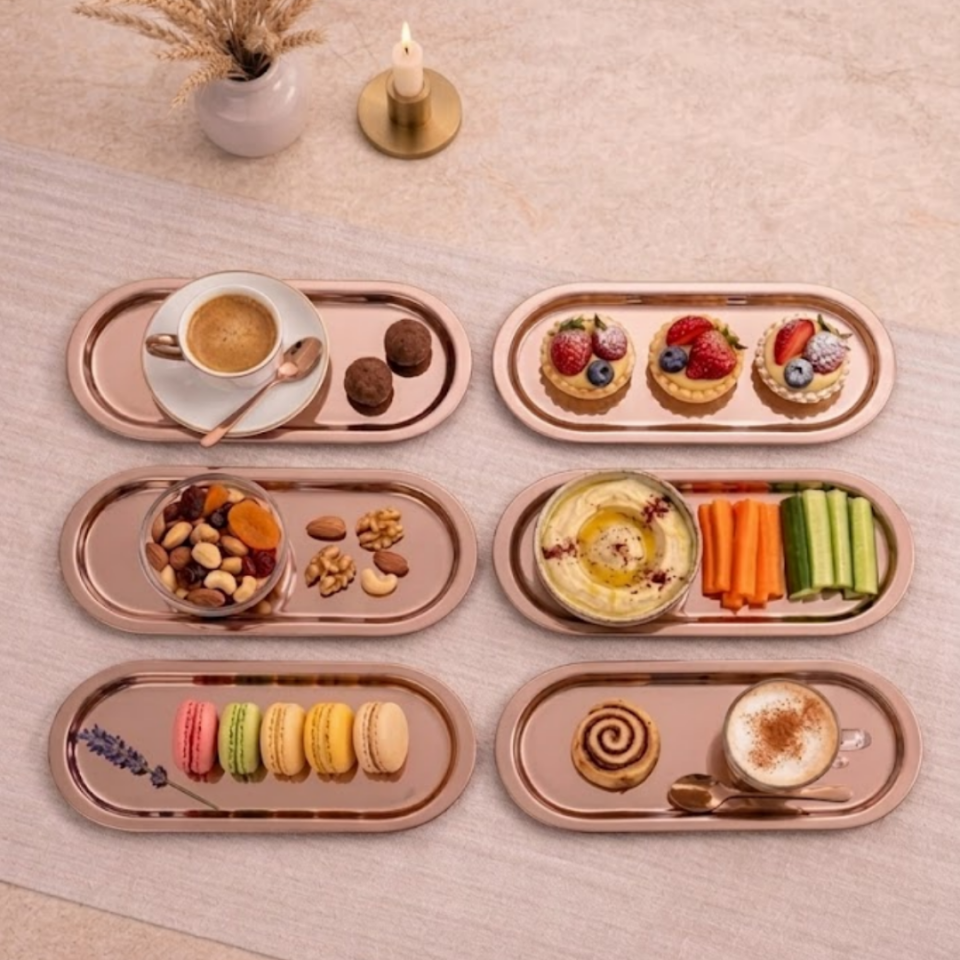 Sarkap Home 6'lı Oval Sunumluk Metal Servis Tepsisi AçıkBronz