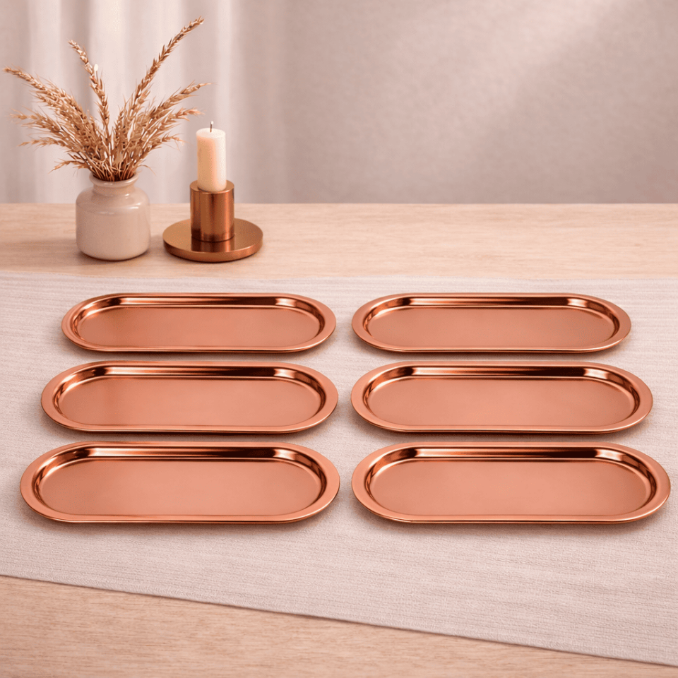 Sarkap Home 6'lı Oval Sunumluk Metal Servis Tepsisi Bronz