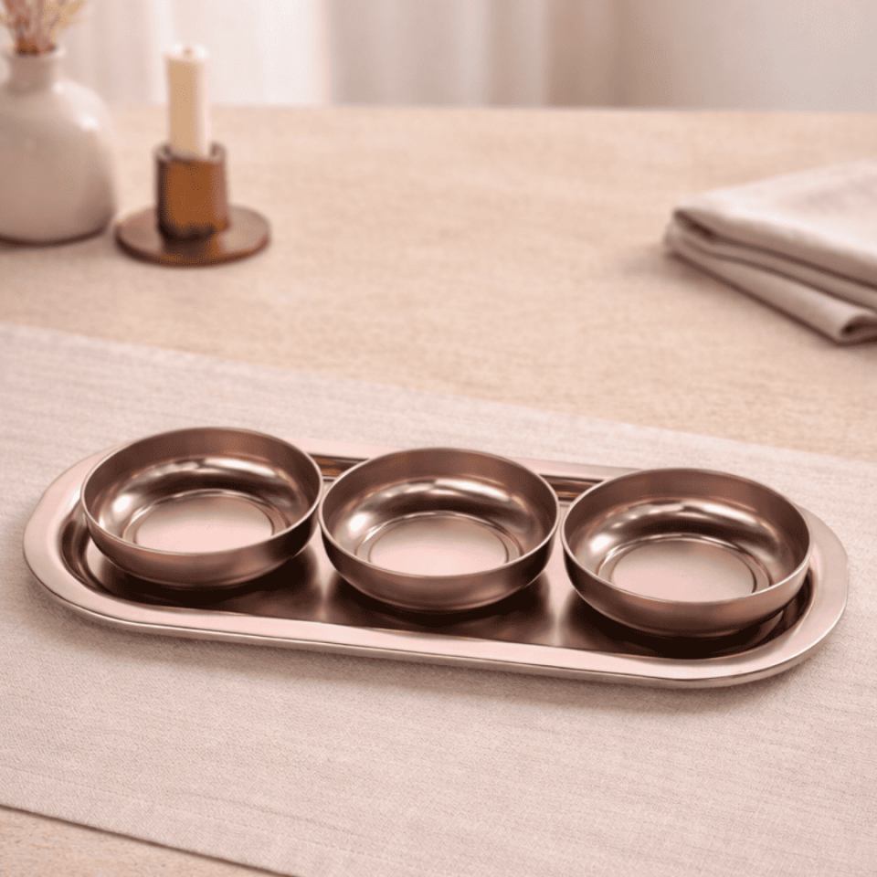 Sarkap Home 3'lü Çerezlik ve Sunumluk Tepsi Seti AçıkBronz