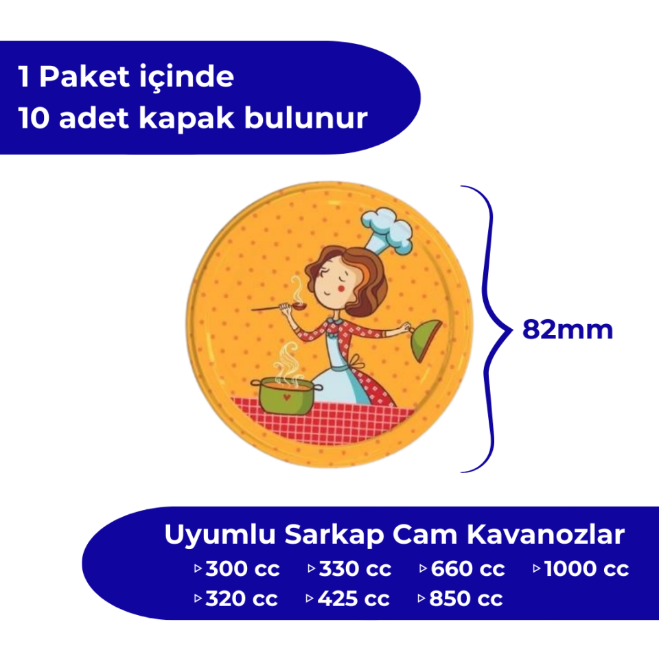 Hijyenik Paketli 10 Adet Kavanoz Kapağı Aşçı Kadın 82 mm
