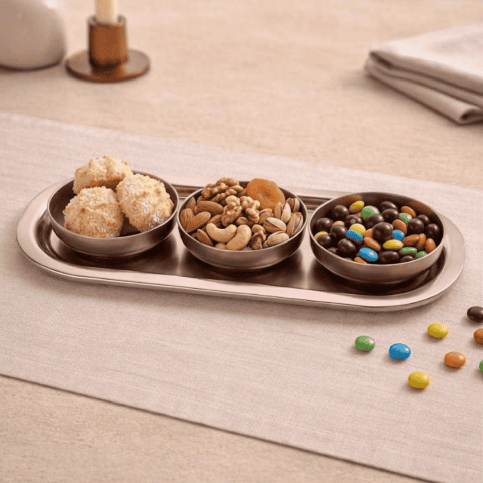 Sarkap Home 3'lü Çerezlik ve Sunumluk Tepsi Seti AçıkBronz