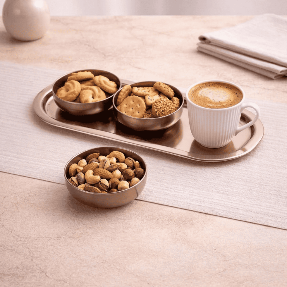 Sarkap Home 3'lü Çerezlik ve Sunumluk Tepsi Seti AçıkBronz