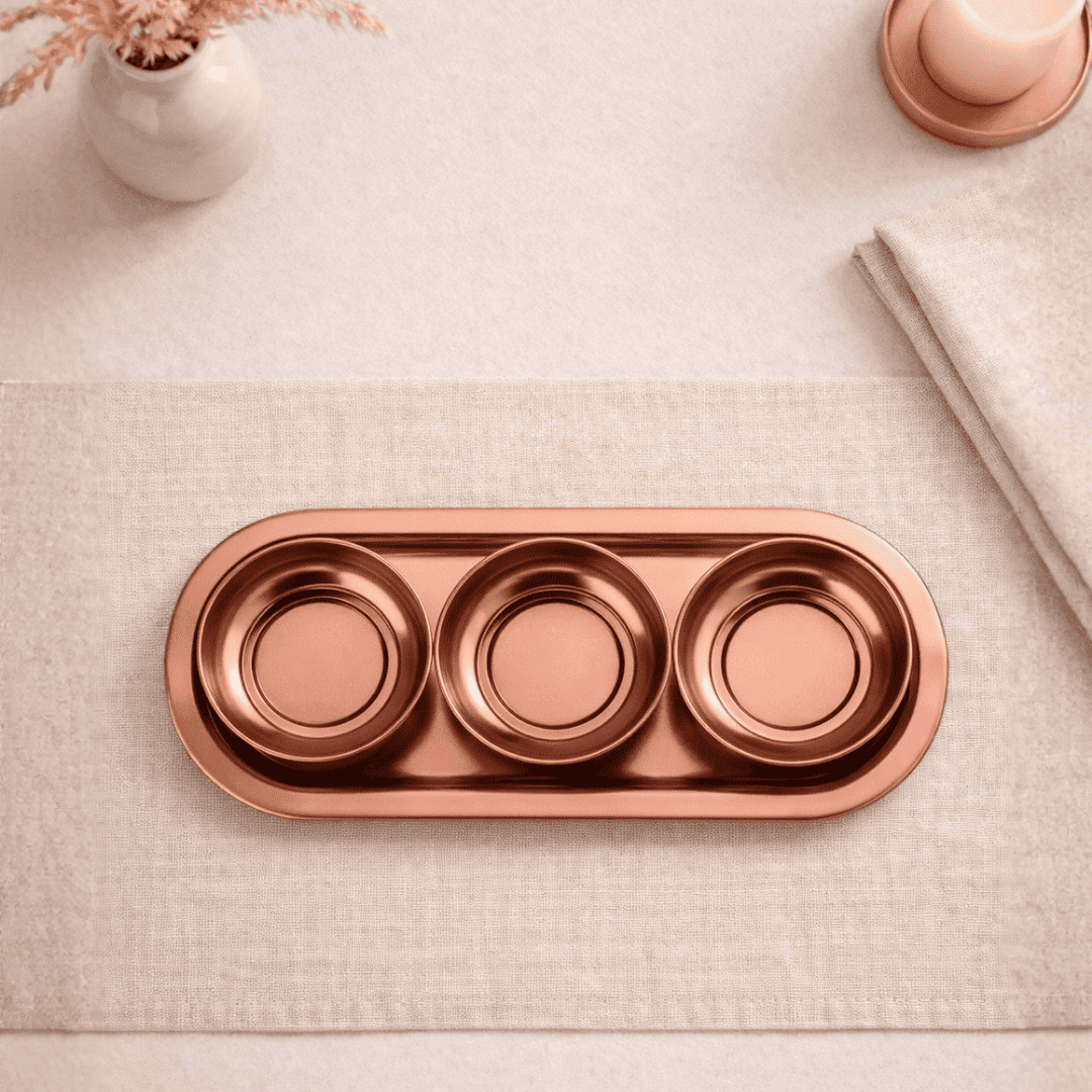 Sarkap Home 3'lü 10x3,2 cm Çerezlik ve 16x35 cm Sunumluk Tepsi Seti BRONZ