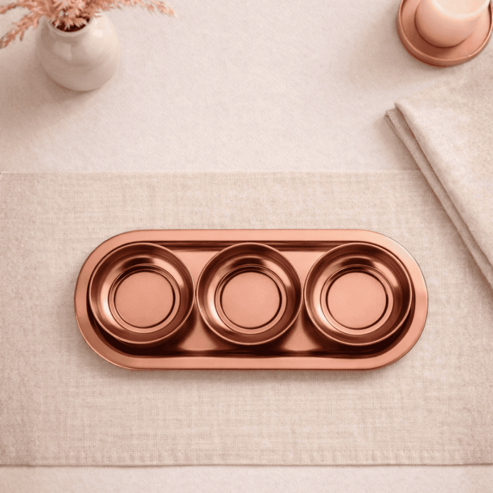 Sarkap Home 3'lü Çerezlik ve Sunumluk Tepsi Seti Bronz