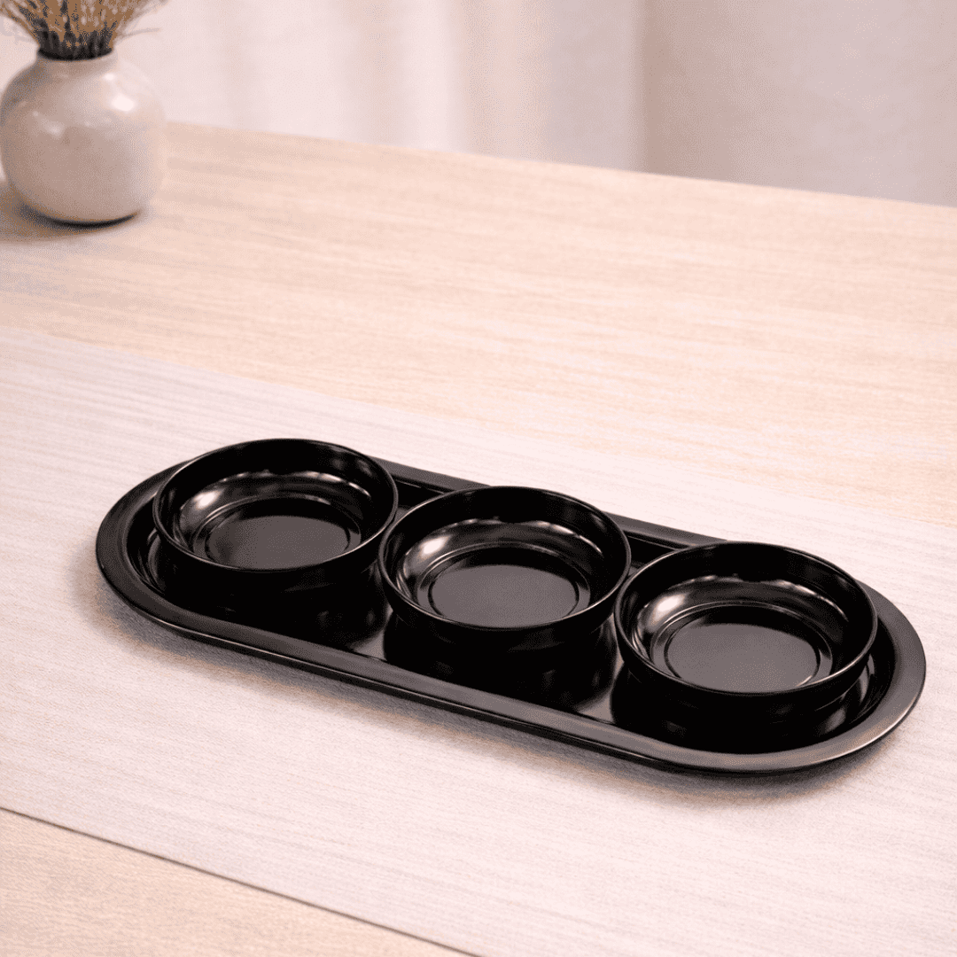 Sarkap Home 3'lü 10x3,2 cm Çerezlik ve 16x35 cm Sunumluk Tepsi Seti ParlakSiyah