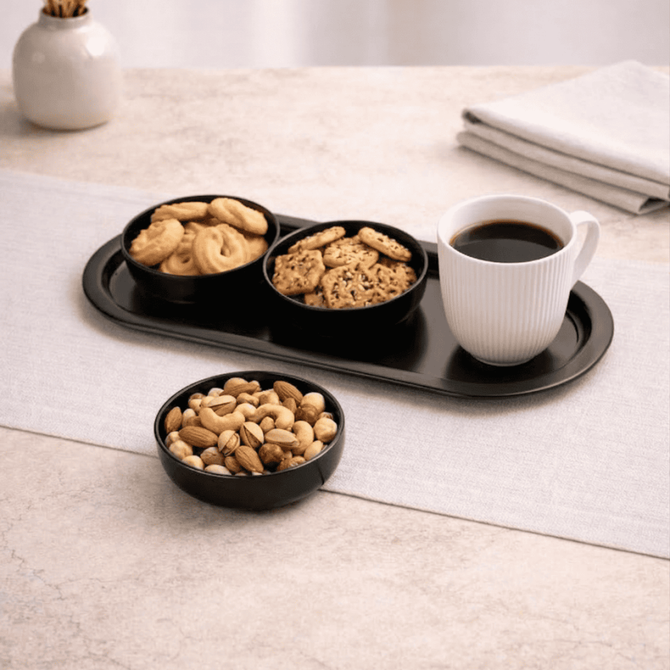 Sarkap Home 3'lü 10x3,2 cm Çerezlik ve 16x35 cm Sunumluk Tepsi Seti ParlakSiyah