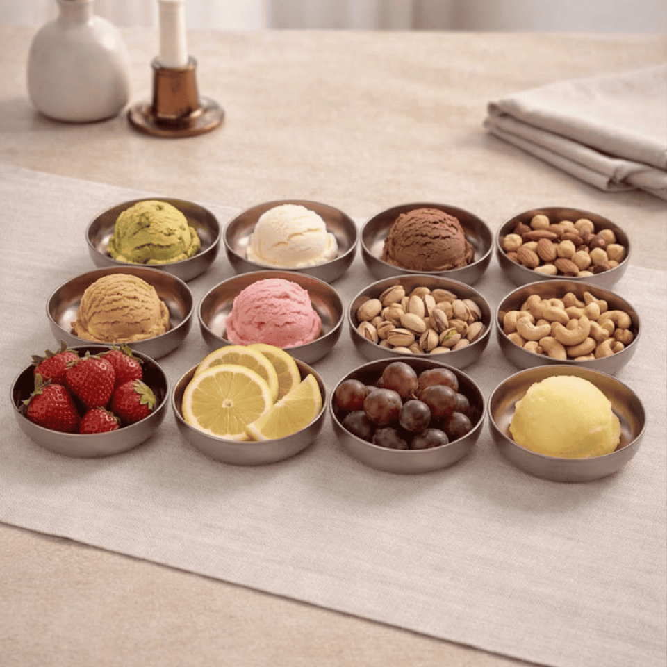 Sarkap Home 10 cm Çap, 3.2 cm Yükseklik 12'li Dondurmalık ve Çerezlik Seti AçıkBronz