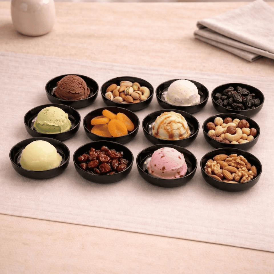 Sarkap Home 10 cm Çap, 3.2 cm Yükseklik 12'li Dondurmalık ve Çerezlik Seti ParlakSiyah