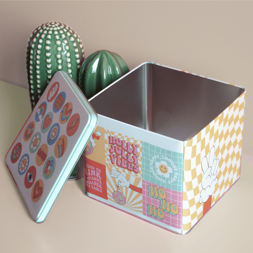 Sarkap Home Renkli Baskılı Kare Dekoratif Metal Saklama Kutusu