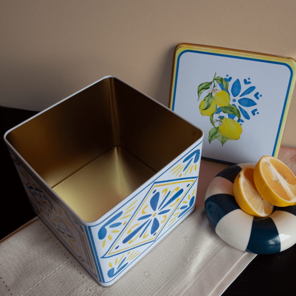 Sarkap Home Limon Desenli Kare Dekoratif Metal Saklama Kutusu