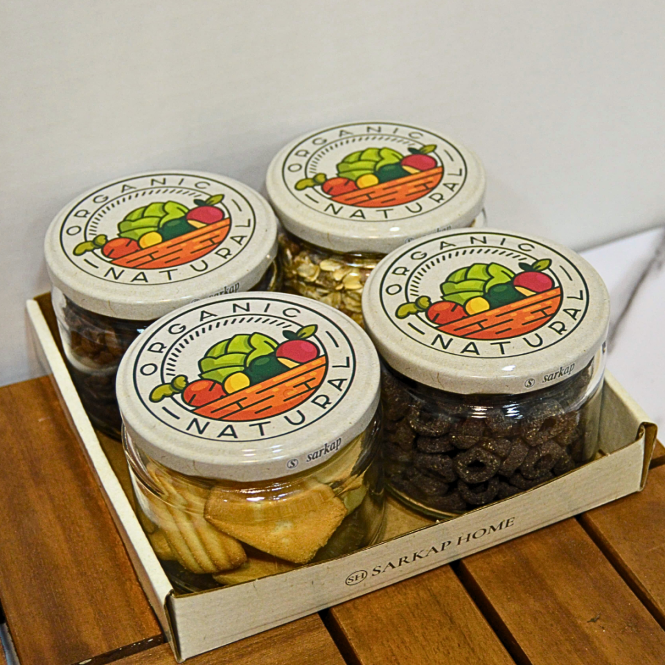 Sarkap Home 4'lü 300 ml Desenli Kapaklı Yuvarlak Cam Kavanoz NaturalBaskılı