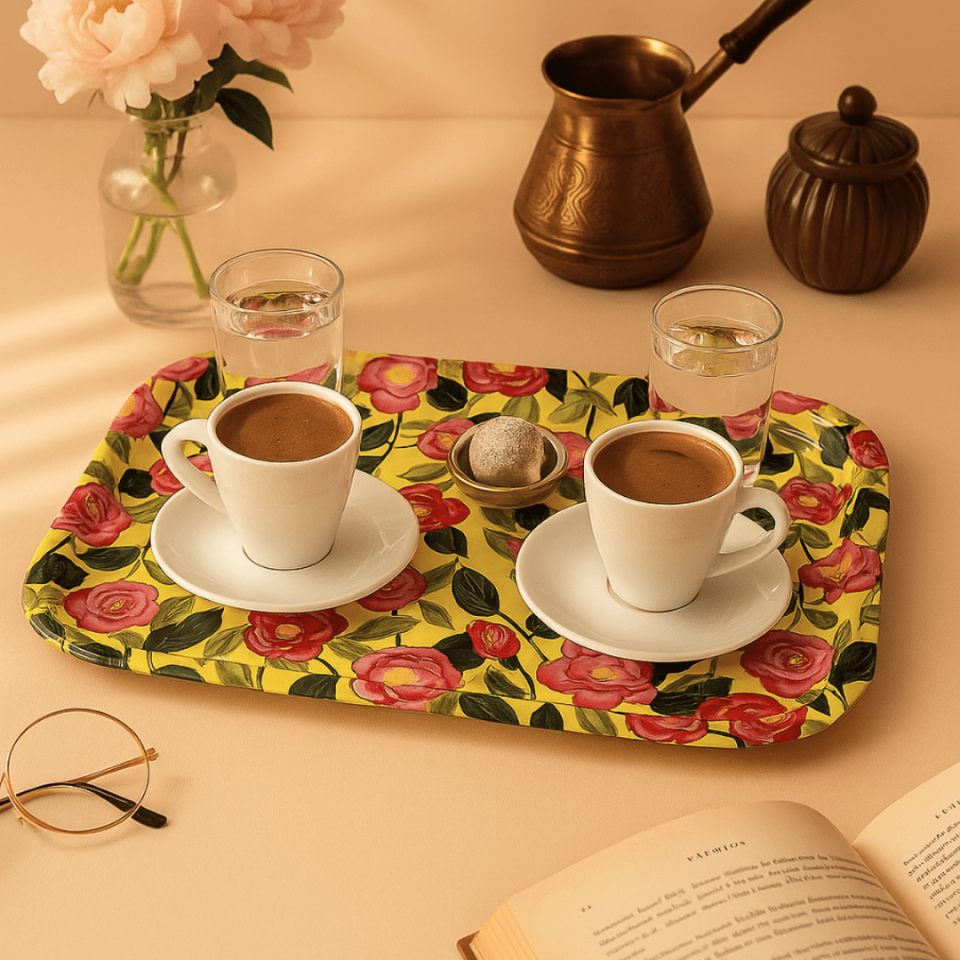 Çiçek Desenli Sunumluk Metal Tepsi SARI