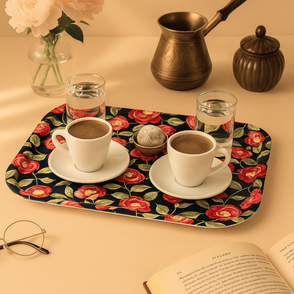 Çiçek Desenli Sunumluk Metal Tepsi Lacivert