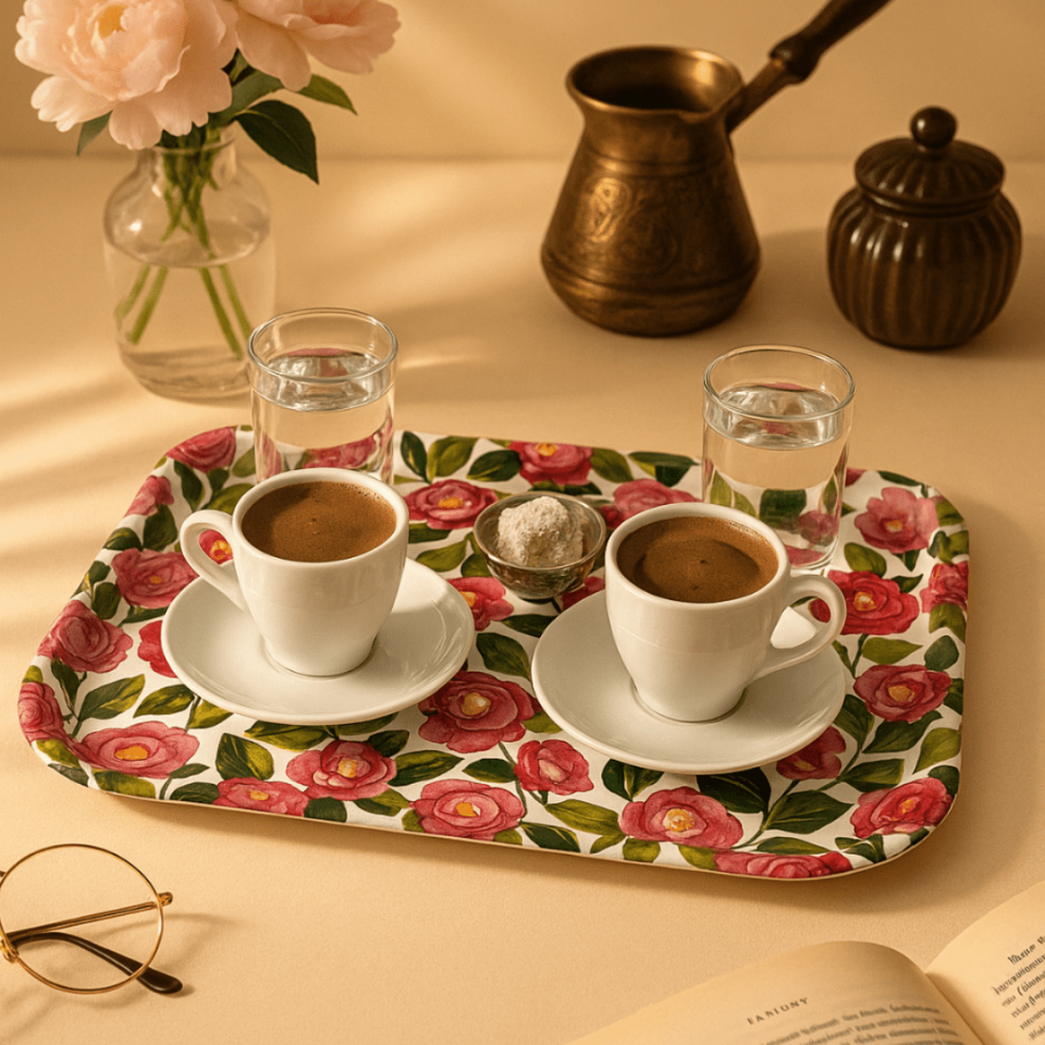 Çiçek Desenli Sunumluk Metal Tepsi Beyaz