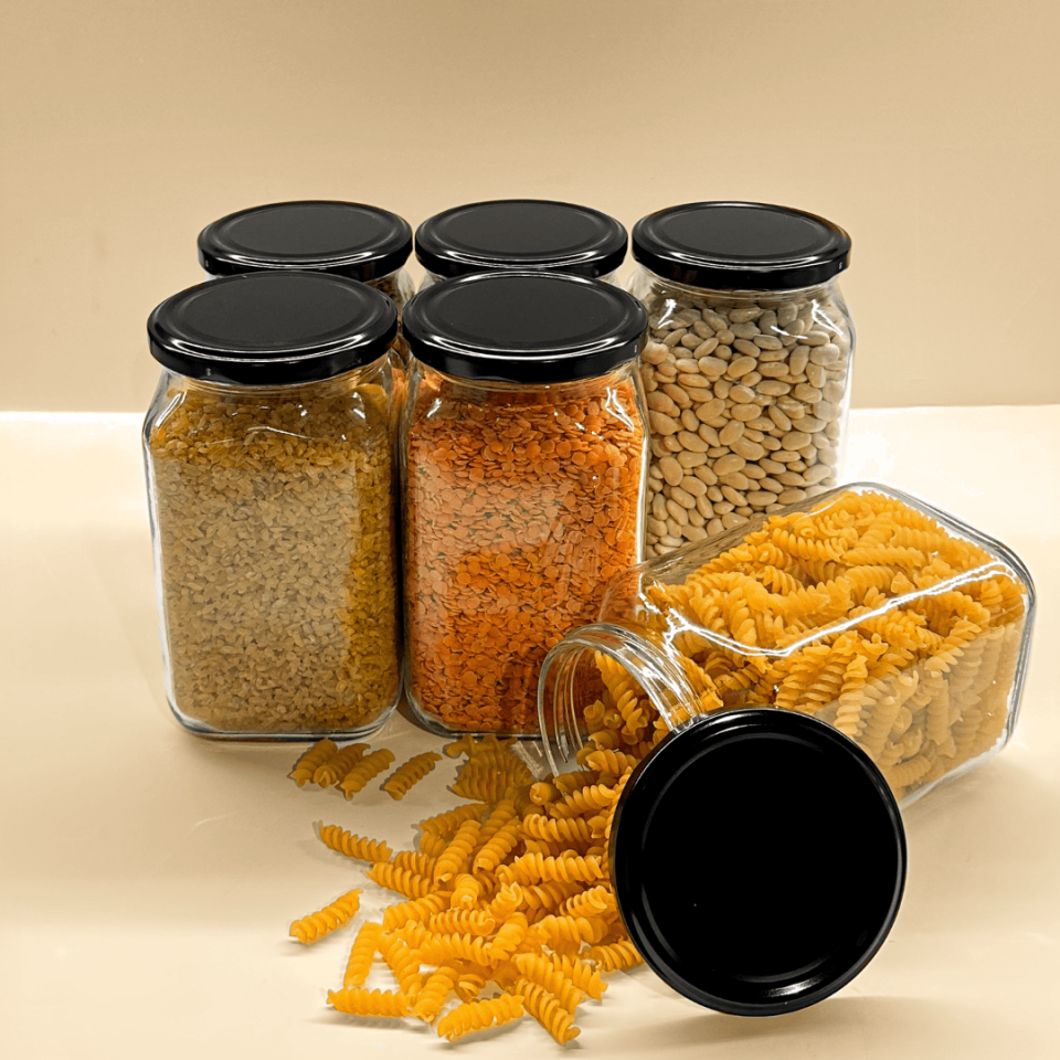 Sarkap Home 6'lı 850 ml Köşeli Cam Kavanoz Seti - Siyah Kapaklı