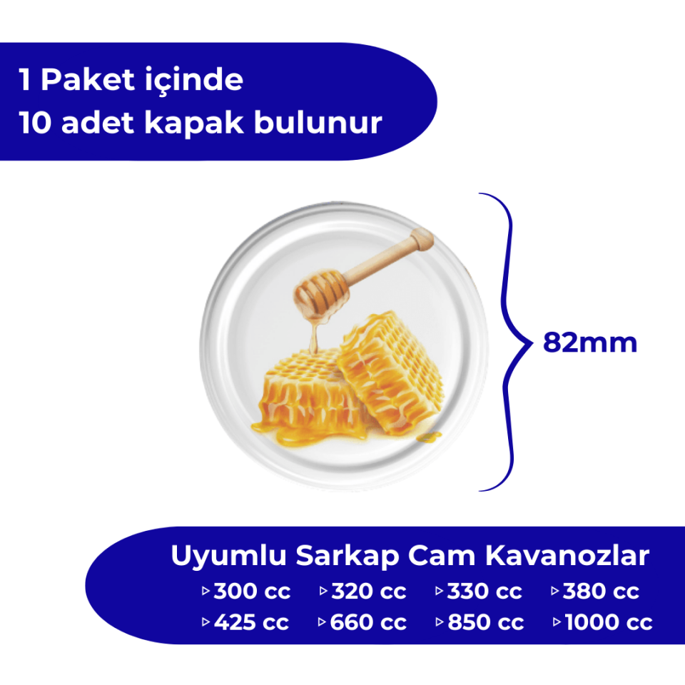Hijyenik Paketli 10 Adet Kavanoz Kapağı Bal Desenler 82 mm Petek