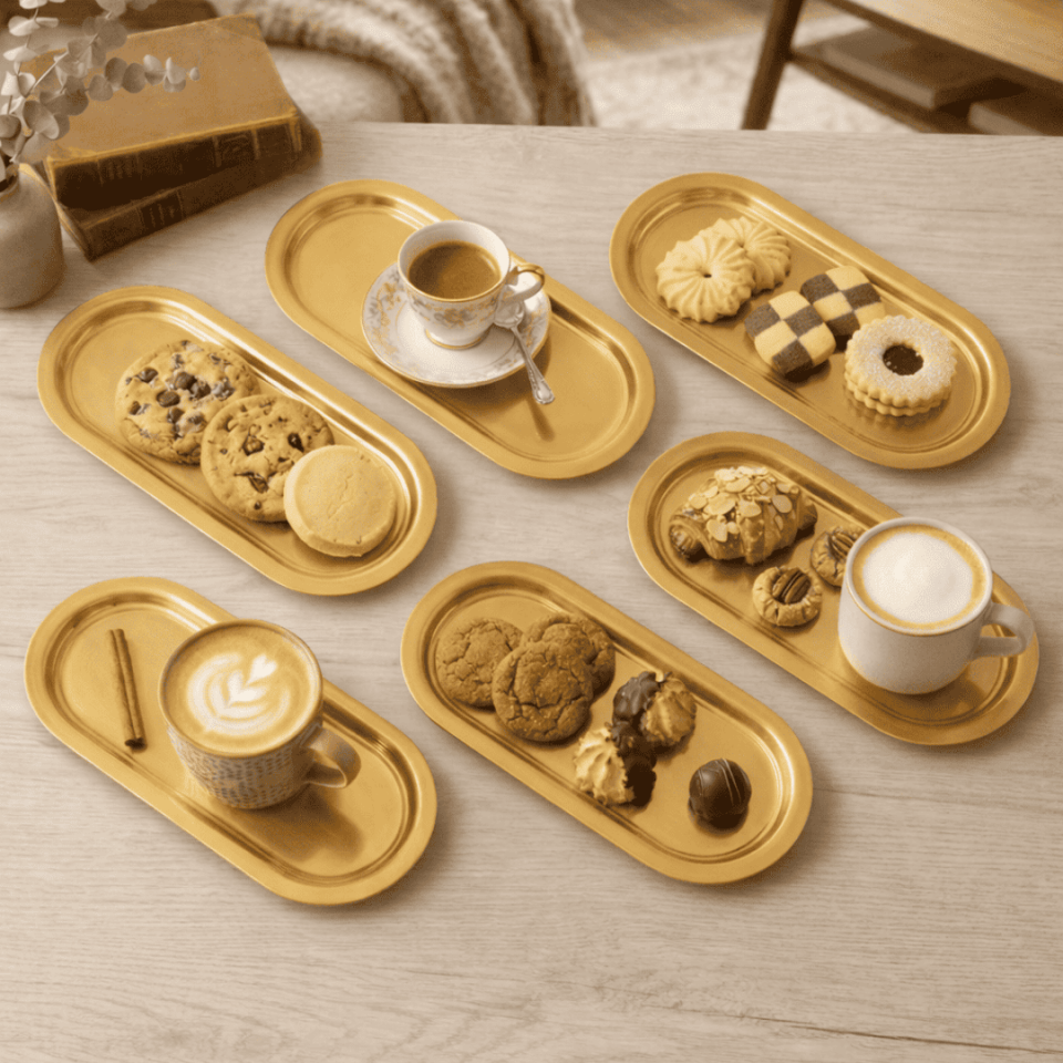 Sarkap Home 6'lı Oval Sunumluk Metal Servis Tepsisi Bronz