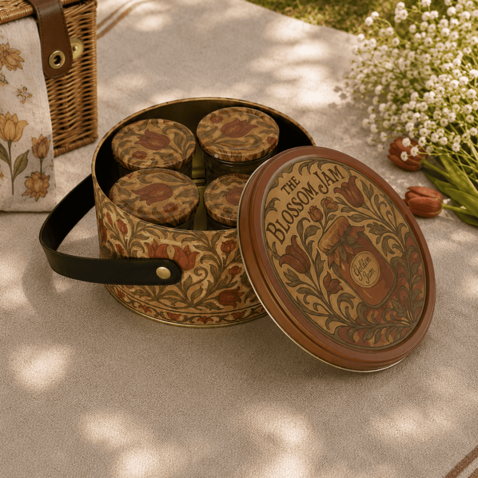 Sarkap Home 2,8 L Jam Deri Saplı Kutu ve 4'lü 200 ml Kavanoz Seti 190x100 mm VintageDesen