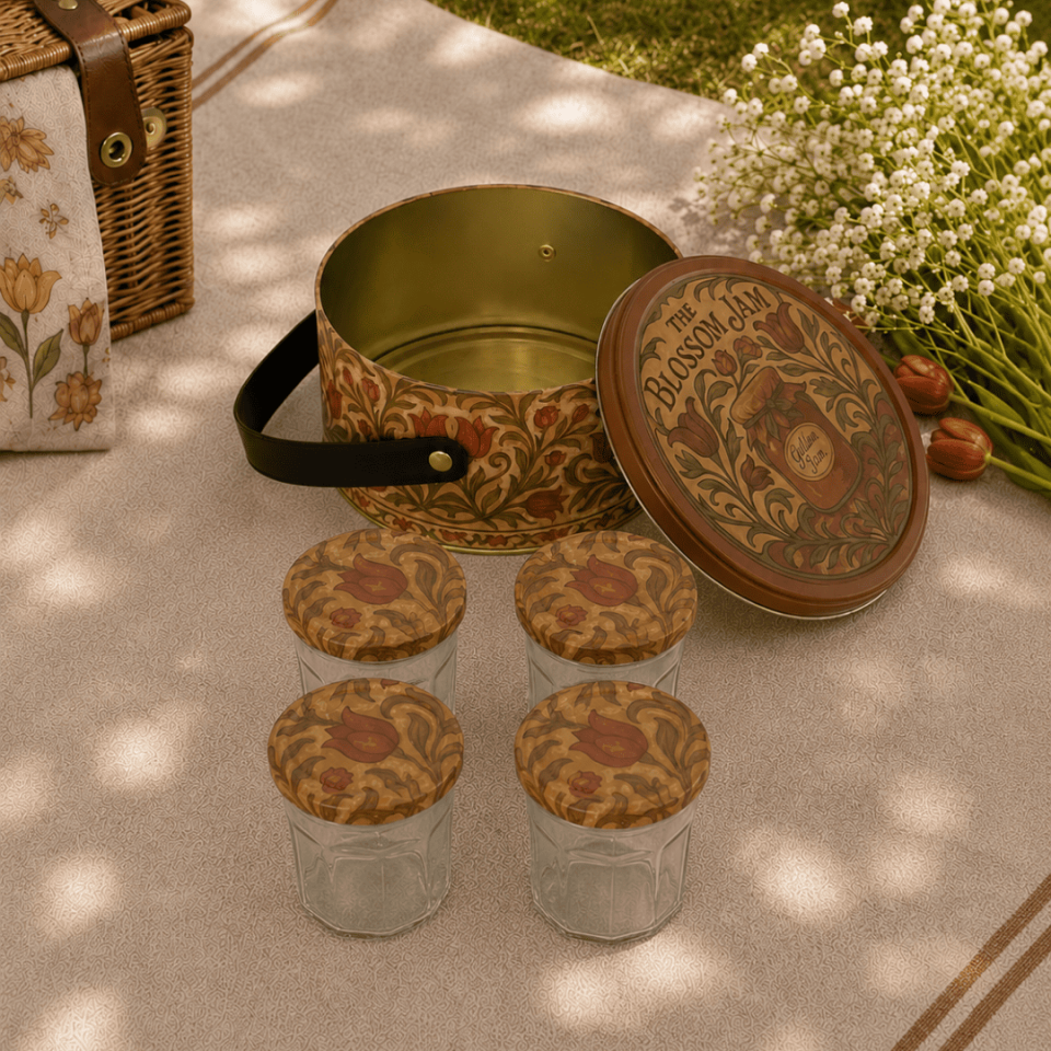 Sarkap Home 2,8 L Jam Deri Saplı Kutu ve 4'lü 200 ml Kavanoz Seti 190x100 mm VintageDesen