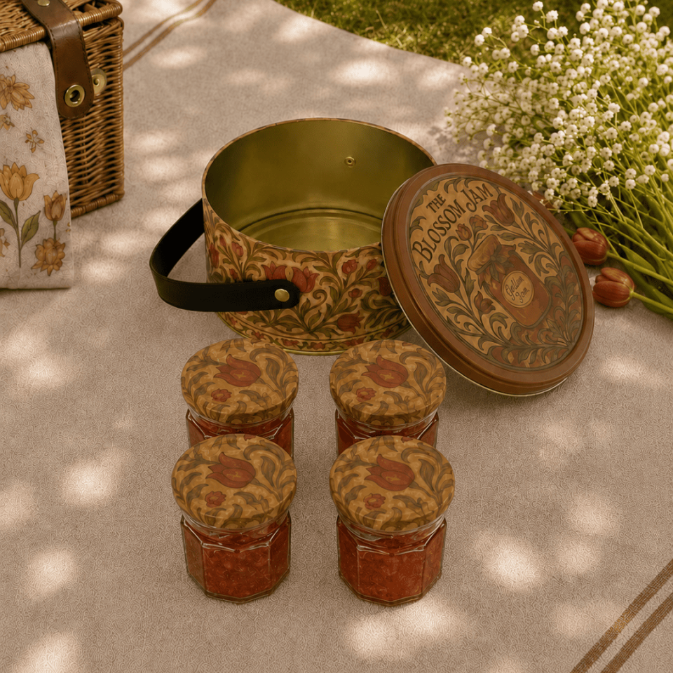 Sarkap Home 2,8 L Jam Deri Saplı Kutu ve 4'lü 200 ml Kavanoz Seti 190x100 mm VintageDesen