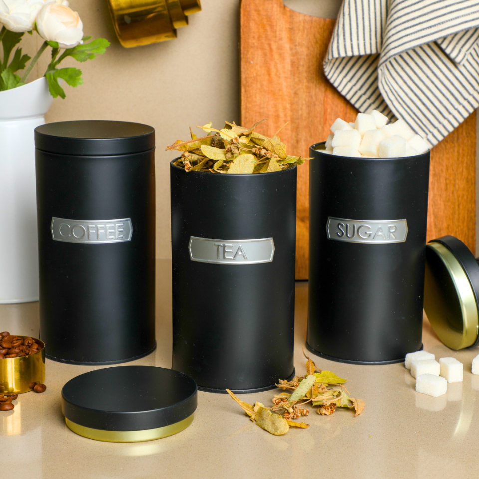 Sarkap Home 1 L Metal Vakumlu Kapaklı 3'lü Saklama Kabı Soft Touch Büyük Boy 90x160 mm.  Siyah