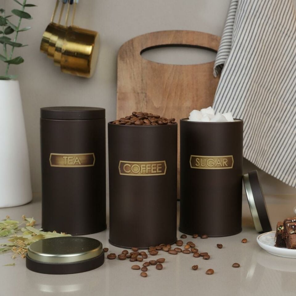 Sarkap Home Metal Vakumlu Kapaklı 3'lü Saklama Kabı Soft Touch Büyük Boy Kahverengi