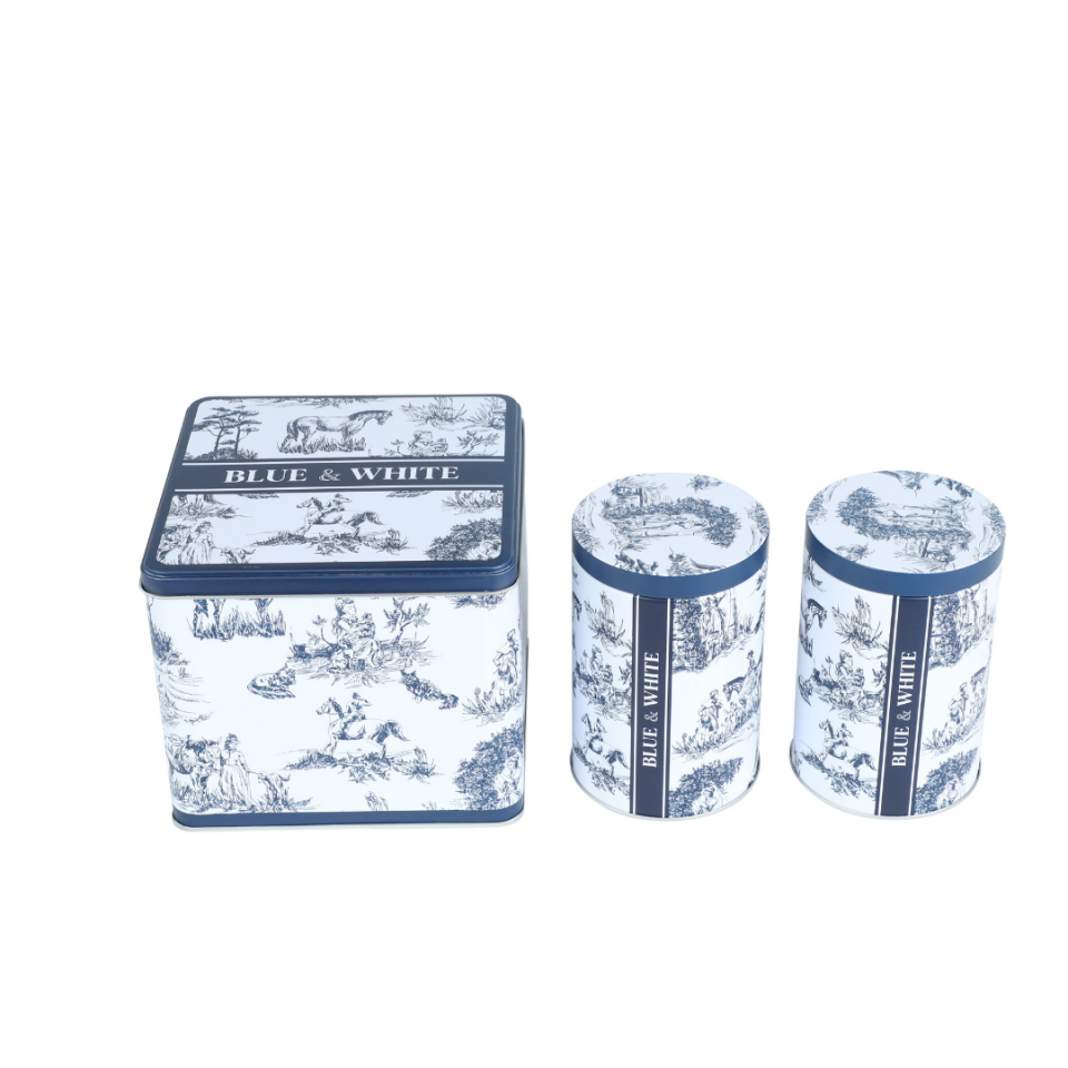 Sarkap Home White Seri 3'lü Set 2'li Metal Saklama Kabı, Köşeli Metal Kutu Mavi