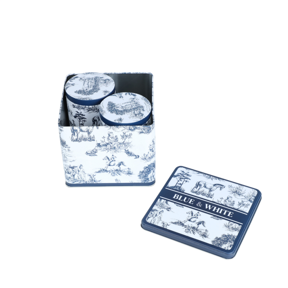 Sarkap Home White Seri 3'lü Set 2'li Metal Saklama Kabı, Köşeli Metal Kutu Mavi