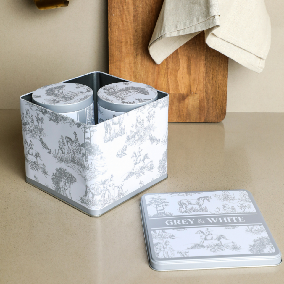 Sarkap Home White Seri 3'lü Set 2'li Metal Saklama Kabı, Köşeli Metal Kutu Koyu Gri