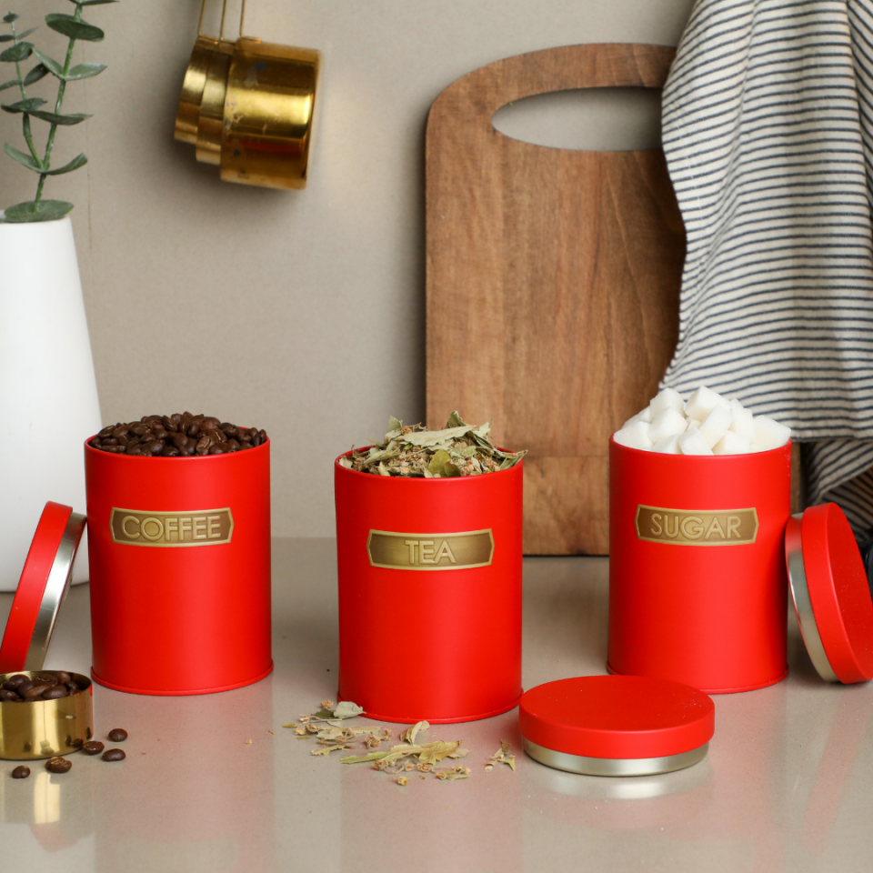 Sarkap Home 0,8 L Metal Vakumlu Kapaklı 3'lü Saklama Kabı Soft Touch Küçük Boy 90x120 mm Kırmızı
