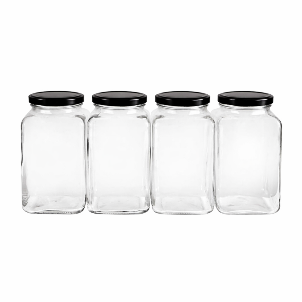 Sarkap Home 4'lü 3000 ml Kapaklı Köşeli Cam Kavanoz - Siyah Kapak Siyah