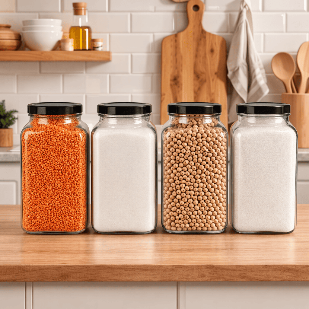 Sarkap Home 4'lü 3000 ml Kapaklı Köşeli Cam Kavanoz - Siyah Kapak Siyah