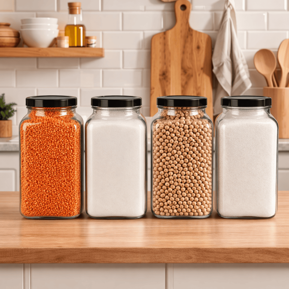 Sarkap Home 4'lü 3000 ml Kapaklı Köşeli Cam Kavanoz - Siyah Kapak Siyah