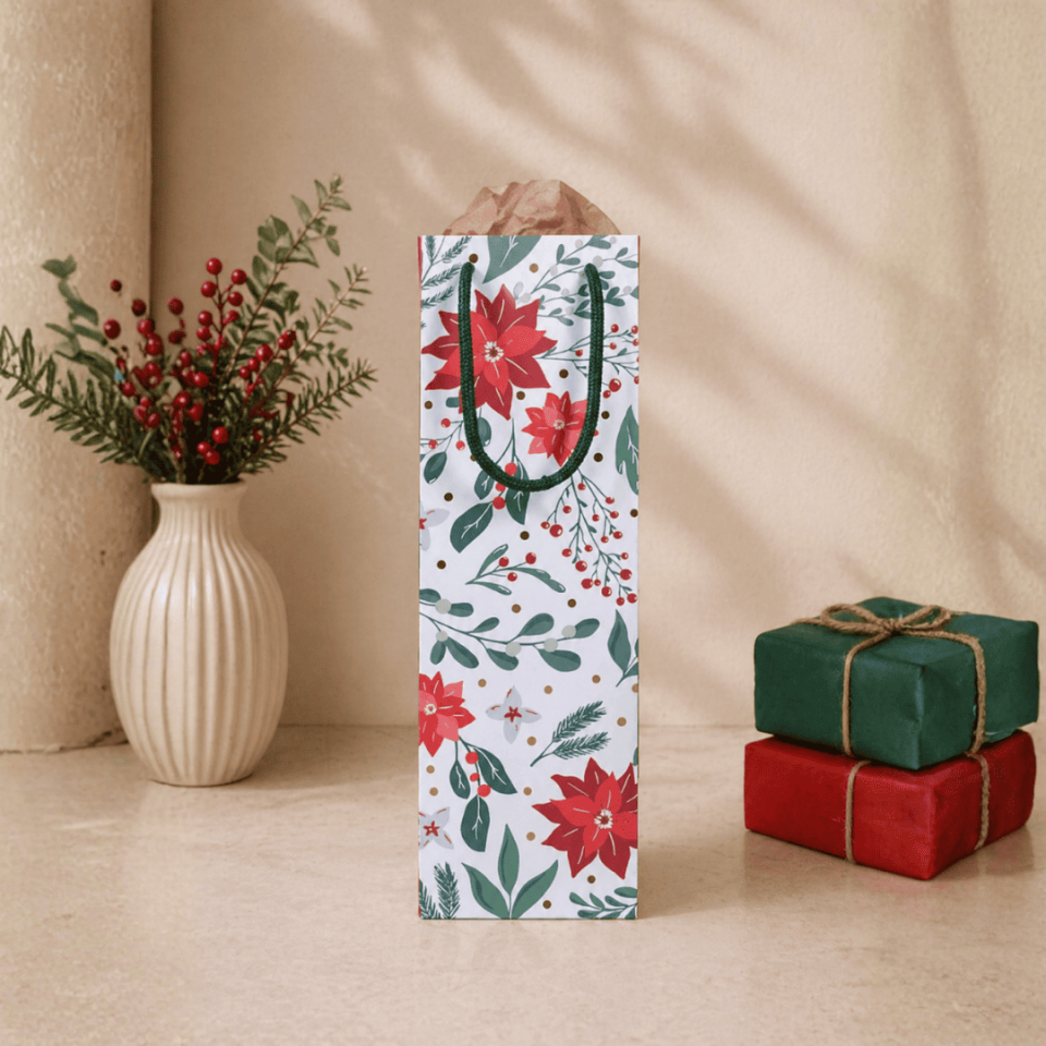 12'li 10x33x9 cm Özel Tasarım Kırmızı Çiçek Desenli Hediyelik Karton Çanta