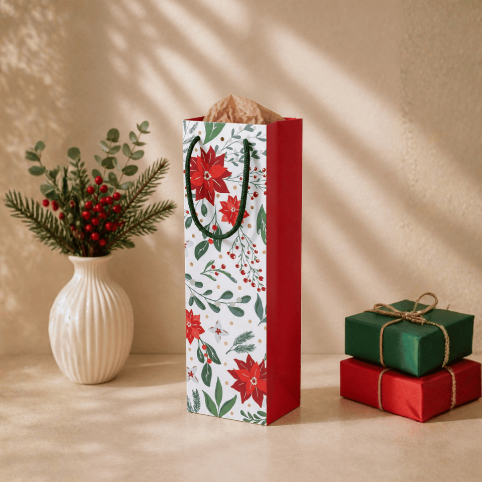 12'li 10x33x9 cm Özel Tasarım Kırmızı Çiçek Desenli Hediyelik Karton Çanta