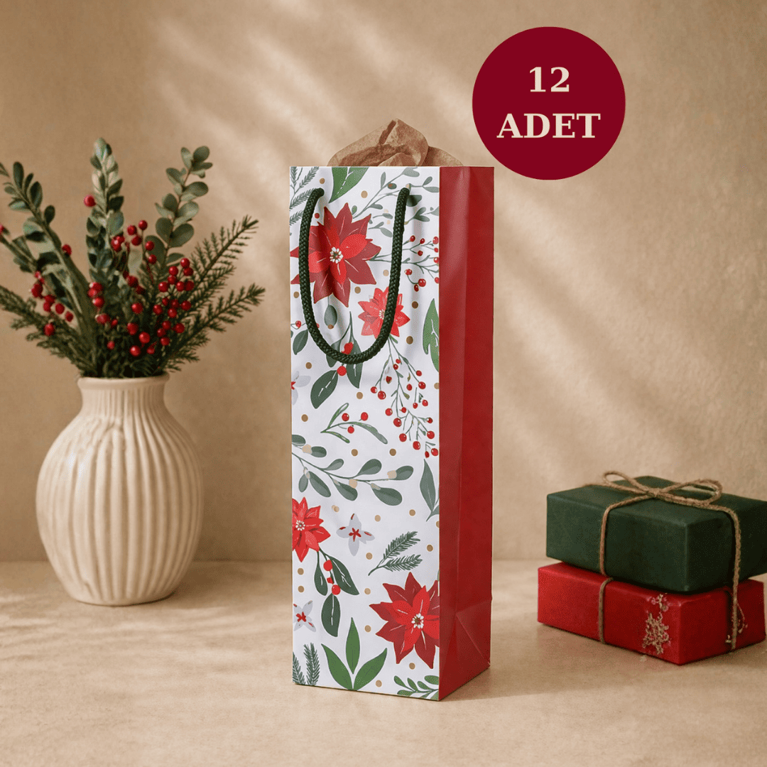 12'li 10x33x9 cm Özel Tasarım Kırmızı Çiçek Desenli Hediyelik Karton Çanta
