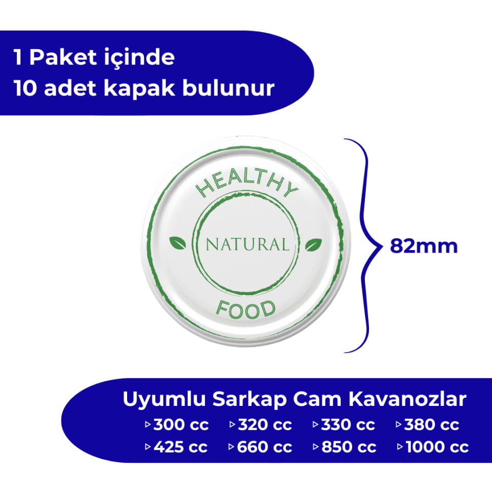 Hijyenik Paketli 10 Adet Kavanoz Kapağı 82 mm HealthyNaturalFood