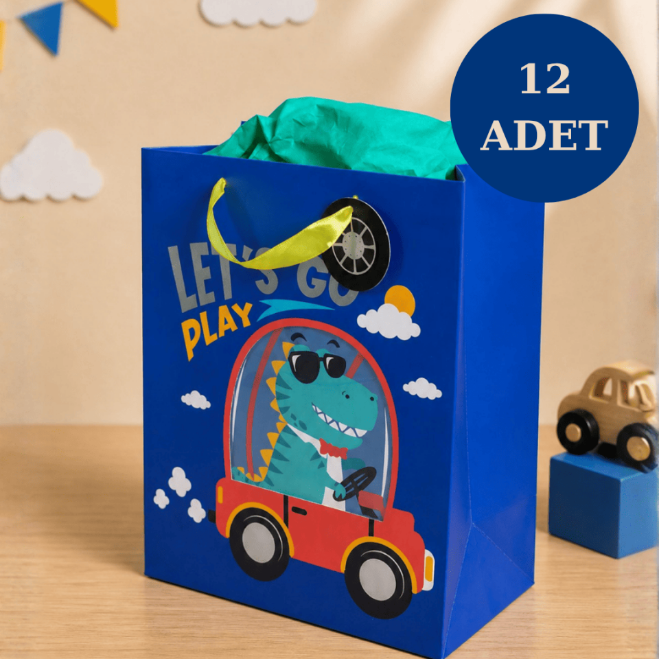 12'li 32x26x14 cm Özel Tasarım Mavi Araba Model Hediyelik Karton Çanta