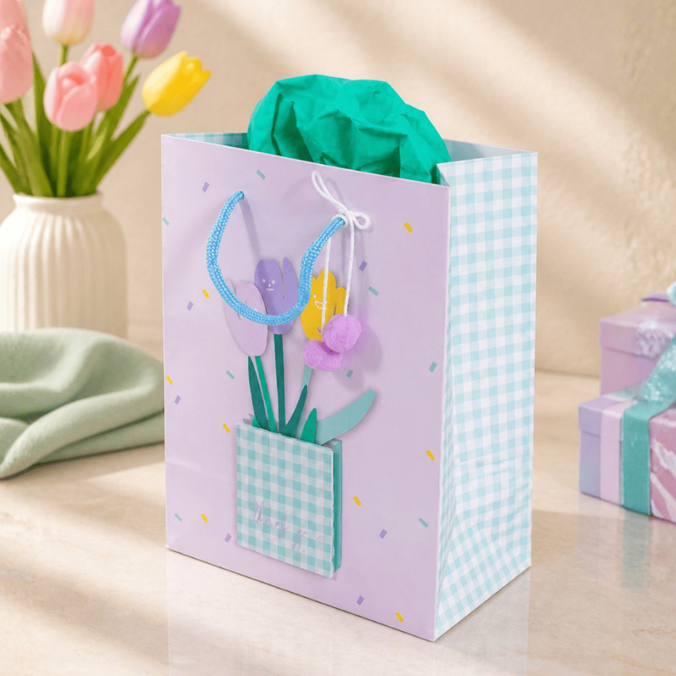 12'li 23x18x10 cm Özel Tasarım Mavi Saksı Desenli Hediyelik Karton Çanta
