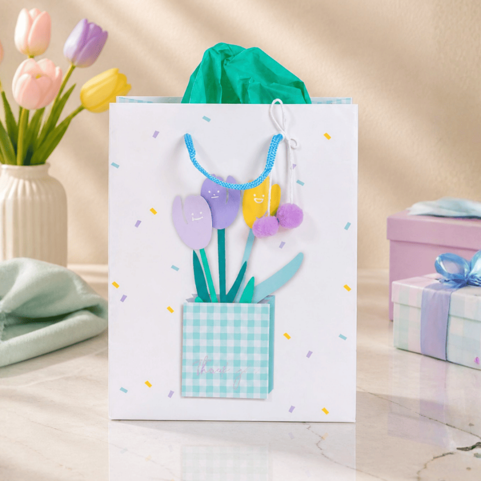 12'li 23x18x10 cm Özel Tasarım Mavi Saksı Desenli Hediyelik Karton Çanta