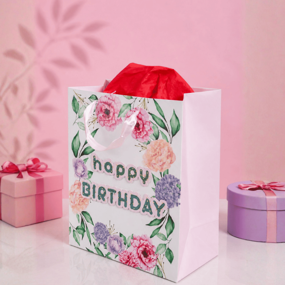 12'li 32x26x14 cm Özel Tasarım Çiçekli Happy Birthday Hediyelik Karton Çanta