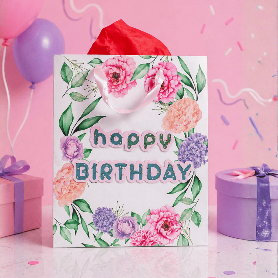 12'li 32x26x14 cm Özel Tasarım Çiçekli Happy Birthday Hediyelik Karton Çanta