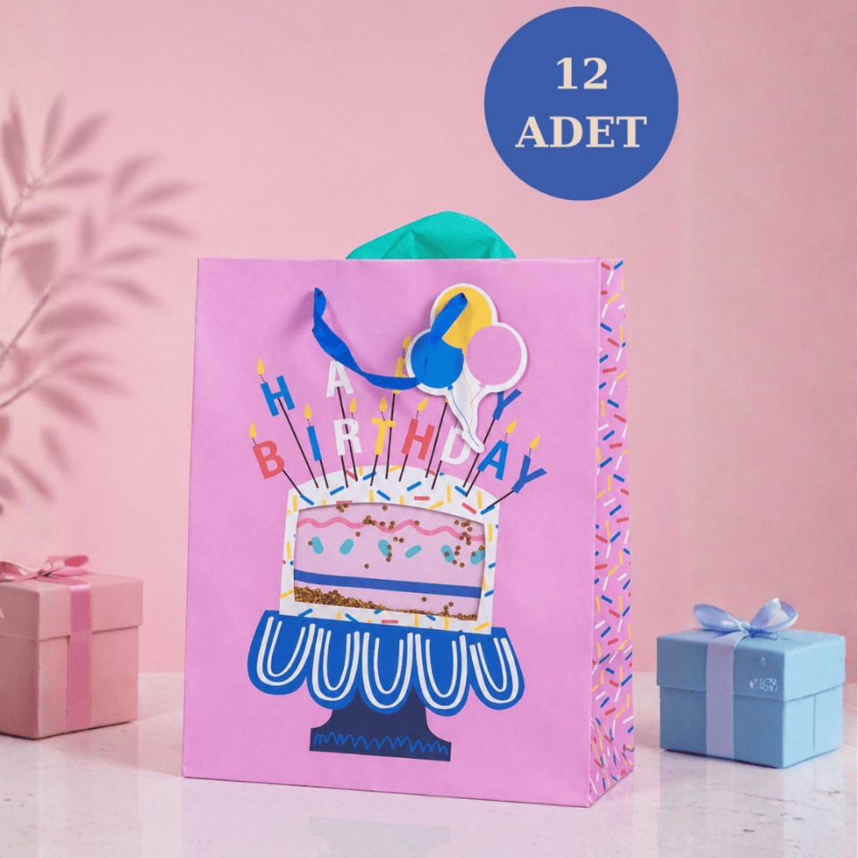 12'li 32x26x14 cm Özel Tasarım Pembe Pasta Model Karton Çanta