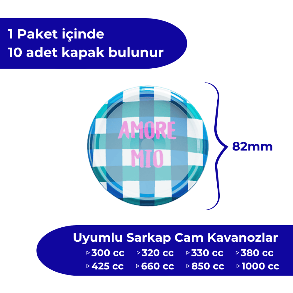 Hijyenik Paketli 10 Adet Kavanoz Kapağı 82 mm Dolce Vita Desenler AmoreMioMavi