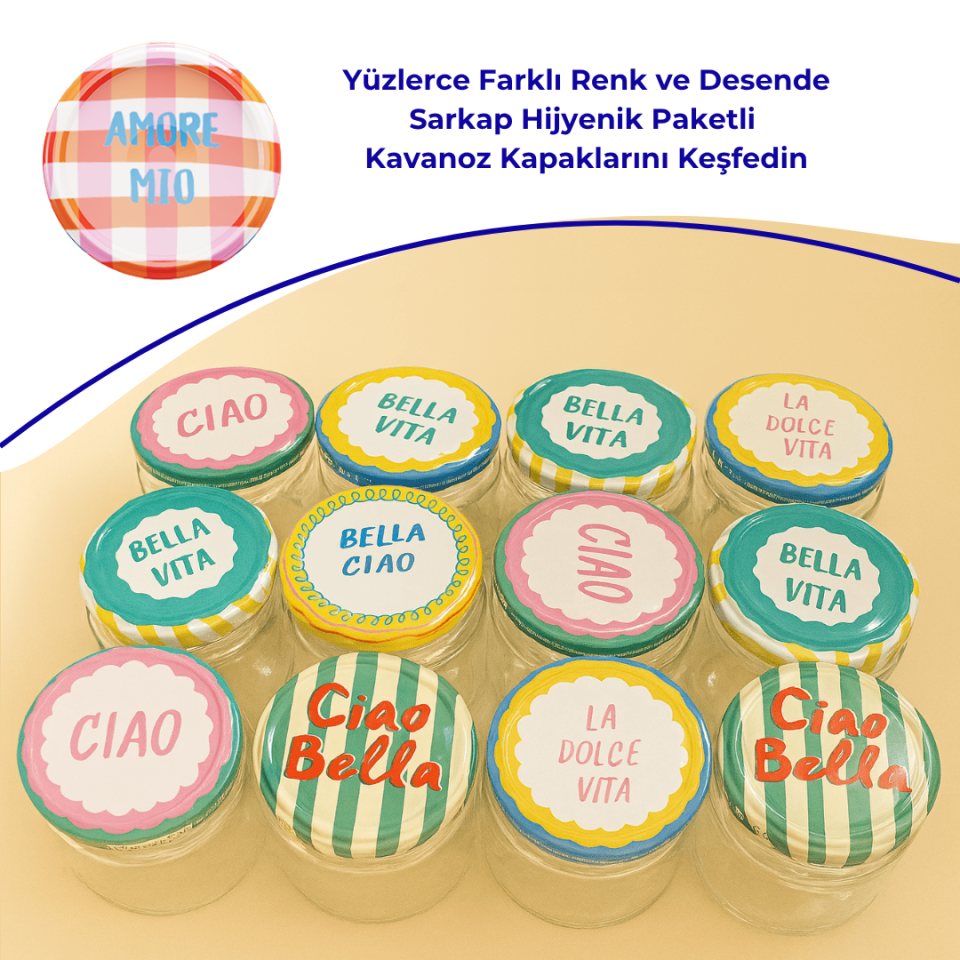 Hijyenik Paketli 10 Adet Kavanoz Kapağı 82 mm Dolce Vita Desenler AmoreMioPembe