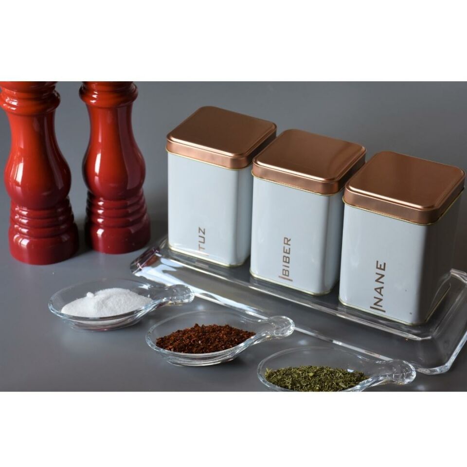 3'lü Köşeli Metal Kutu Baharat Seti - 500 Ml Beyaz