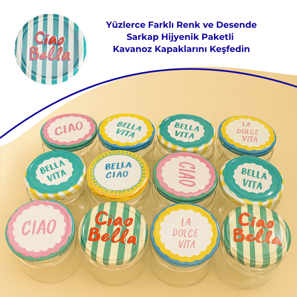 Hijyenik Paketli 10 Adet Kavanoz Kapağı 82 mm Dolce Vita Desenler CiaoBellaYeşil