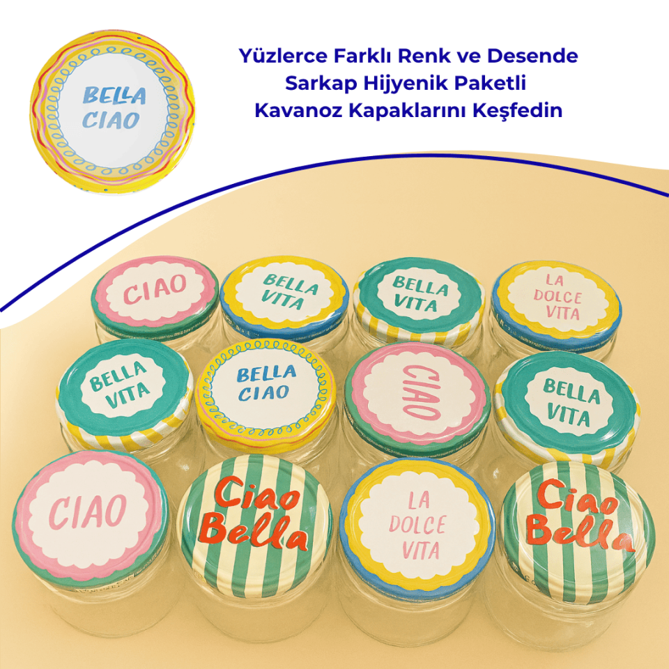 Hijyenik Paketli 10 Adet Kavanoz Kapağı 82 mm Dolce Vita Desenler BellaCiaoSarı