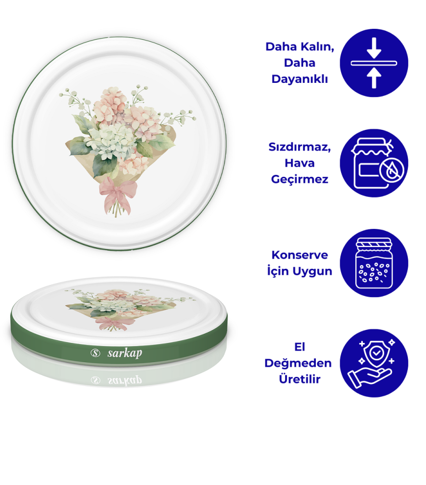 Hijyenik Paketli 10 Adet Kavanoz Kapağı Çiçek Desenler 82 mm YeşilBuket